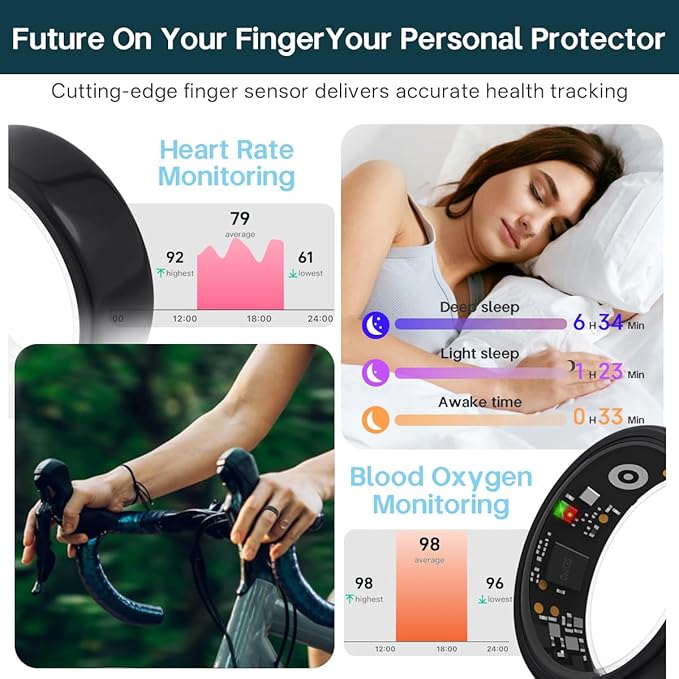 Smart Rings for Women Men,Fitness Tracker Ring,Heart Rate,Blood Oxygen,Blood Pressure,Step Tracker,Sleep Monitoring,No Subscription Fee,IP68 Waterproof Smart Ring for iphone&Android(Black 9)
