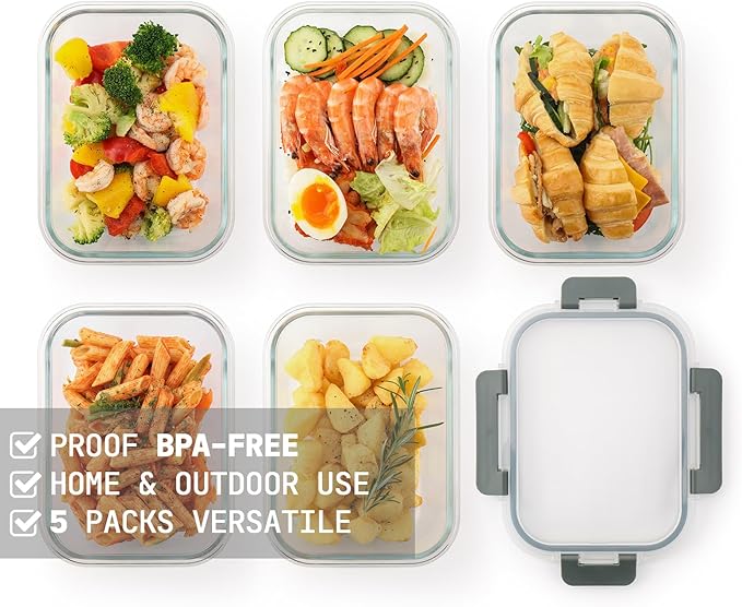 5 Pack 36 Oz Glass Meal Prep Containers with Lids, Reusable Glass Food Storage Airtight Lunch Containers with Lids, Leak Proof, Microwave, Oven, Freezer and Dishwasher Safe (Gray)