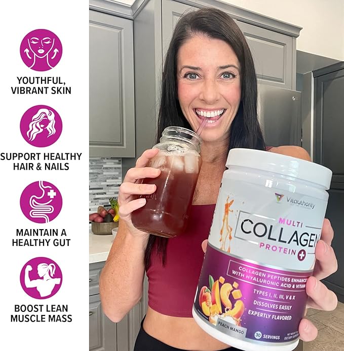 Multi Collagen Peptides Powder for Women - Hydrolyzed Flavored Collagen Powder for Women with Types I II III V & X Vitamin C & Hyaluronic Acid for Hair Skin and Nails (Peach Mango) - 30 Servings