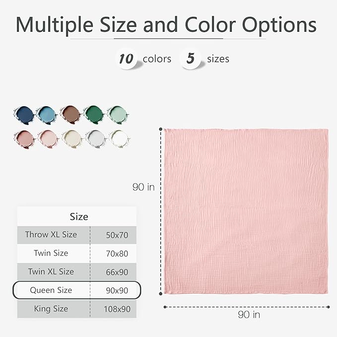 Carriediosa 100% Cotton Muslin Throw Blanket 90" X 90" Queen Size,4-Layers Summer Gauze Throws for Bed Couch,Soft Lightweight Breathable Linen Blankets Bedspread for Adults All Season,Dusty Pink