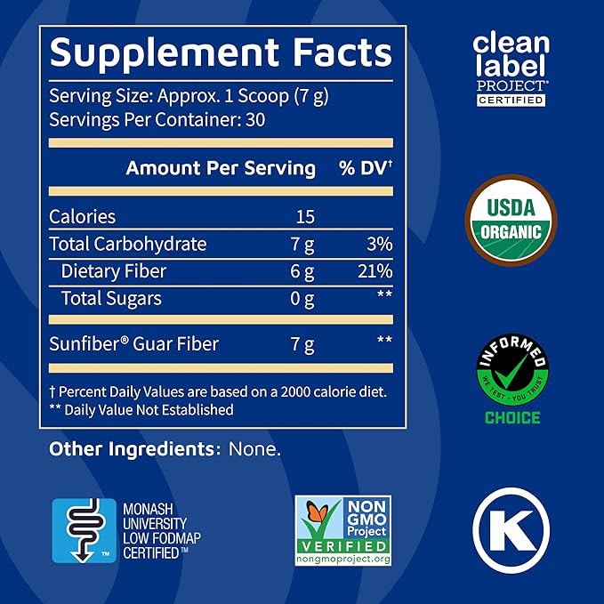 Tomorrow's Nutrition, Sunfiber, Prebiotic Fiber Supplement for Digestive Health, Low FODMAP, Gluten-Free, Unflavored, 30 Servings