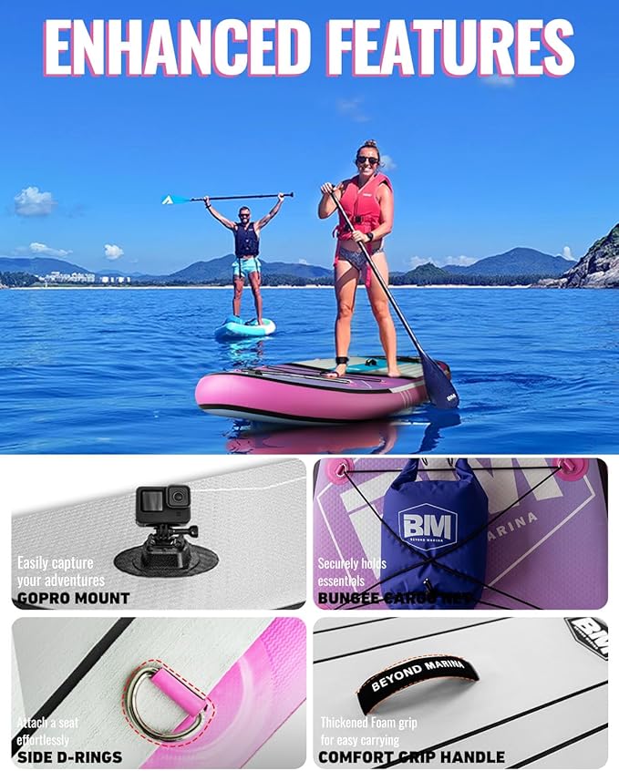 BM Paddle Board Inflatable Stand Up Paddle Board, SUP Paddleboard for Adult, Premium Accessories | Non-Slip EVA Deck & Foam Handles, Camera Mount, Double Action Pump, 85L Travel Backpack