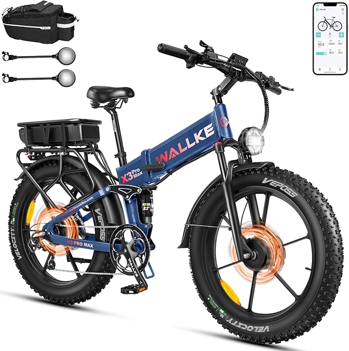 W Wallke 2025 X3 ProMax MAX Folding Dual Motor Electric Bike, 48V 44Ah/22Ah Long Range Adults Ebike, 26" Fat Tire All Terrian Full Suspension 31-34 MPH Fast E-Bike, 7-Speed Mountain e Bicycle, UL2849