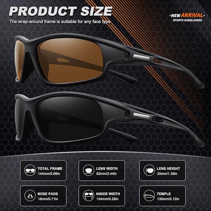 Polarized Sports Sunglasses for Men 100% UV Protection Wrap Around Unbreakable Sun Glasses for Fishing Driving