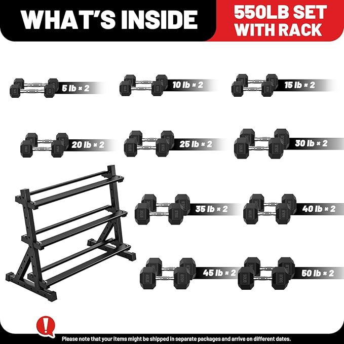 PAPABABE Hex Dumbbell Set with Rack, Rubber Encased Free Weight with Weight Storage Racks, Multiple Weight Options for Home Gym and Fitness