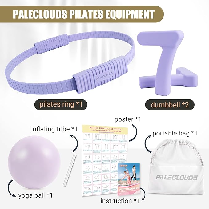 Pilates Ring Set, Pilates Essential Kit with Pilates Ring and Ball, 2.2lb *2 Ergonomic 7-Shaped Dumbbells, Portable Bag & Training Poster, at Home Workouts Pilates Sets for Women