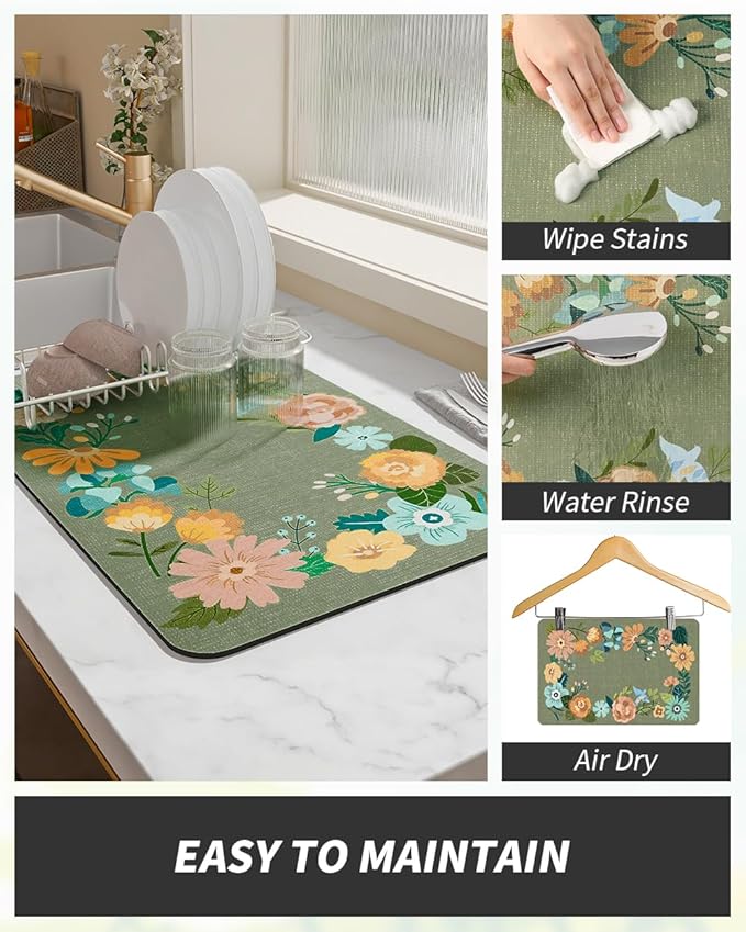 AMOAMI Coffee Mat - Hide Stain Rubber Backed Absorbent Dish Drying Mat for Kitchen Counter - Bar Accessories Fit Under Coffee Maker, Espresso Machine, Dish Rack - Floral Green 16x24