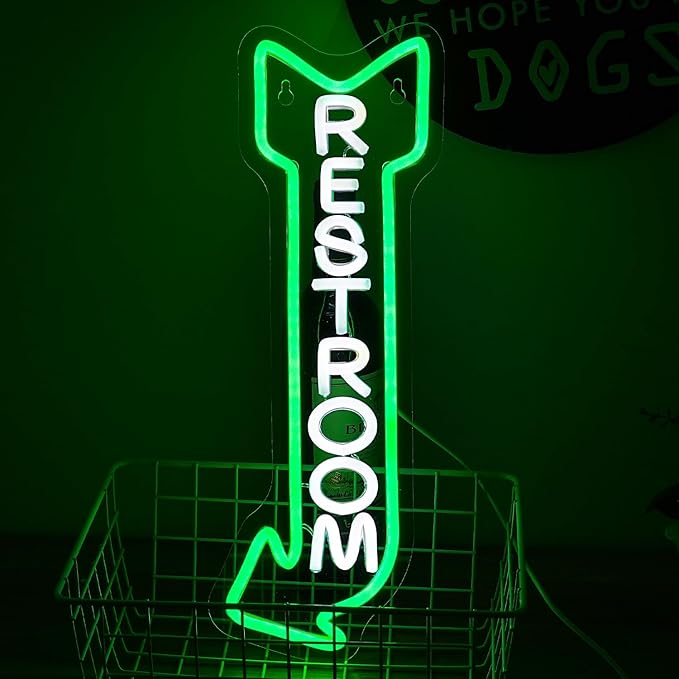 Restroom Neon Sign for Wall Decor Toilet Neon Light Arrow Led Neon Lights White Green Led Neon Signs for Hotel Bar Hospital Mall Store Office Decoration(16.9”*6.3”)