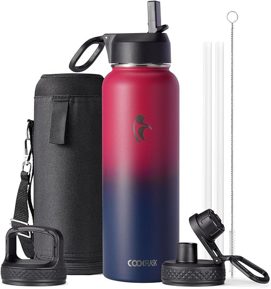 Water Bottle 40 oz Insulated with Straw&Brush, Coolflask Vaccum Stainless Steel Metal 3 Lids Water Flask for Sports, Gym or Office, Keep Cold 48H Hot 24H, Ombre Wine/Navy