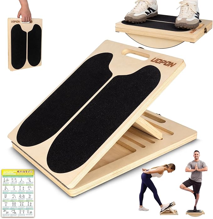 2-in-1 Wooden Slant Board & Balance Board, Portable 6 Angle Adjustable Calf Stretch Board with Training Poster, 300lb Weight Capacity Calf Ankle Stretcher for Physical Therapy, Squat & Core Strength