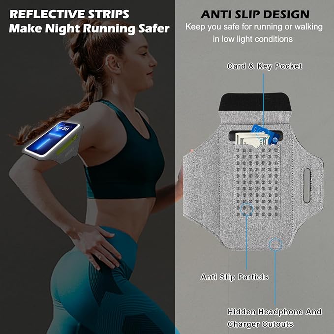 Cell Phone Running Armband with Earbuds Zipper Pocket Armband Case Running Holder For iPhone 16 Pro Max/15/14 Pro Max/13/12 /11 Pro Max/XS/XR ,Galaxy S20 S10,Sweatproof Arm Band with Card/Key Bag