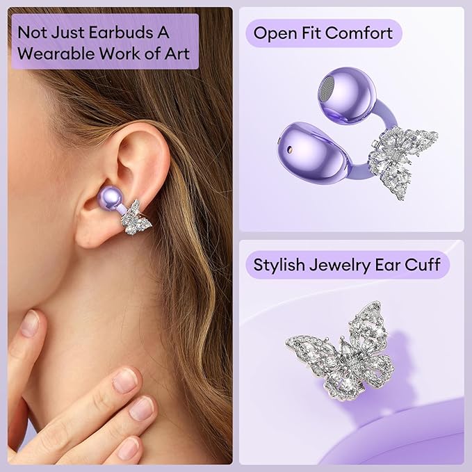 Stylish Open Ear Clip On Earbuds with Removable Butterfly Earring, Clip On Headphones with LCD Touch Screen, Fashionables Open Ear Headphones for Women, Butterfly Earring Purple Earbuds
