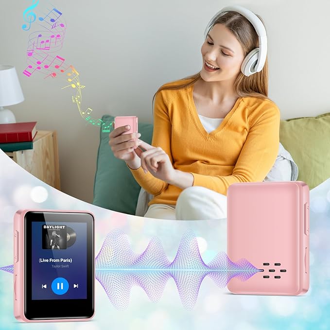 MP3 Player with Bluetooth, 1.8 inch Screen Portable Music Player with Speaker, FM Radio, Recorder, Expansion to 512GB, Pink with 32GB Micro SD Card