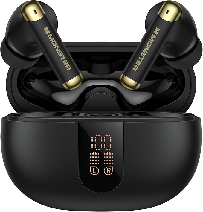 Monster N-Lite 211 Wireless Earbuds, Bluetooth 6.0 Stereo Headphones with Noise-Cancelling Mic and LED Display, Built-in Mic for Clear Calls, Waterproof Design for Sports