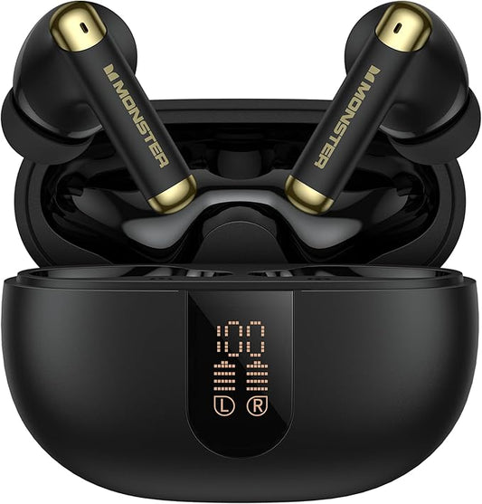 Monster N-Lite 211 Wireless Earbuds, Bluetooth 6.0 Stereo Headphones with Noise-Cancelling Mic and LED Display, Built-in Mic for Clear Calls, Waterproof Design for Sports