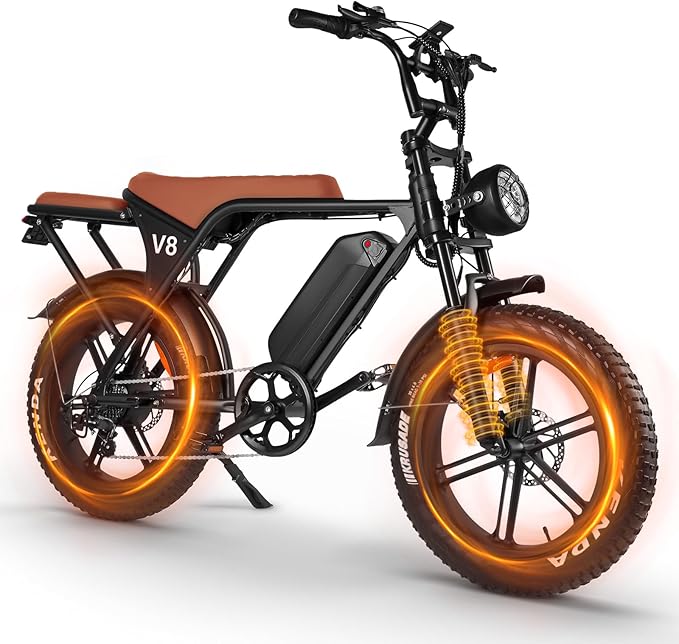 V8 Electric Bike for Adults, 20'' Fat Tire E Bike with Powerful Motor 48V 15Ah Removable Battery, 7-Speed Gears, 2 Seater E-Bike, Ebike Moped Style for Mountains, Snow, Sand, Road
