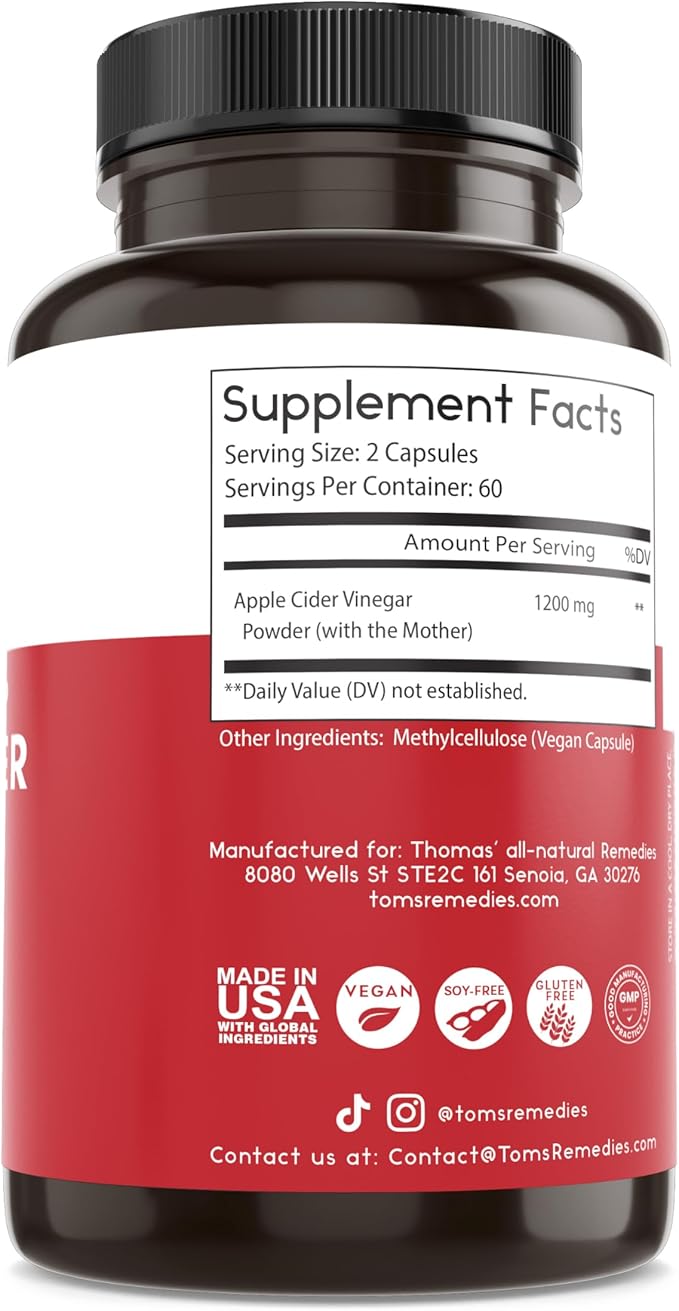 Thomas' all-natural Remedies Apple Cider Vinegar with The Mother, Raw & Unfiltered ACV Pills for Gut & Digestion, 120Ct
