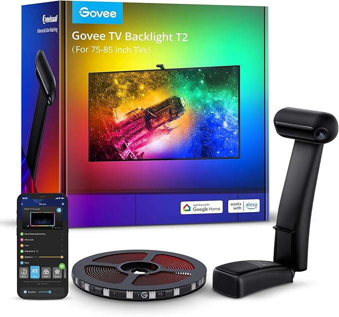 Govee Envisual TV Backlight T2 with Dual Cameras, 16.4ft RGBIC Wi-Fi LED Backlights for 75-85 inch TVs, Double Light Beads, for Home Decorations, Smart App Control, Music Sync