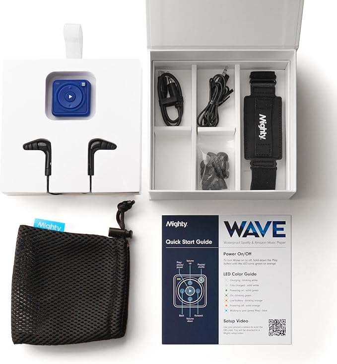 Mighty Wave Waterproof IPX7 Spotify & Amazon Music Player - Includes Waterproof Wired Headphones - Perfect for Swimming - Music + Podcasts
