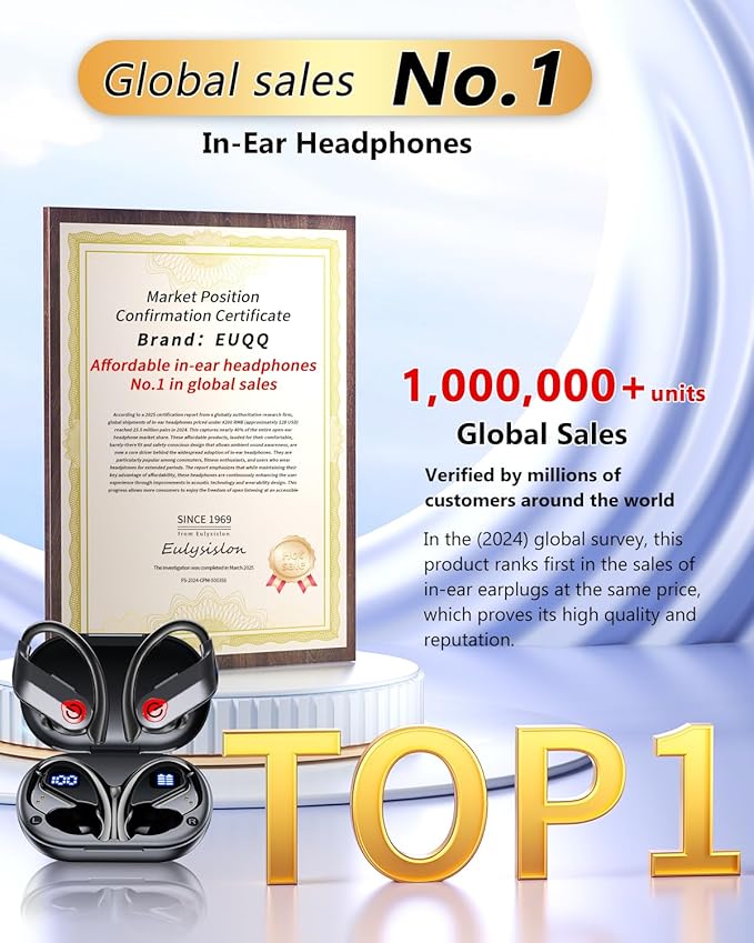 EUQQ Ear Buds Wireless Bluetooth Earbuds, Noise Cancelling Headphones 120H Playtime,IPX7 Waterproof Sports with Earhooks,LED Display Wireless Earphones for Running Gym Workout-Black