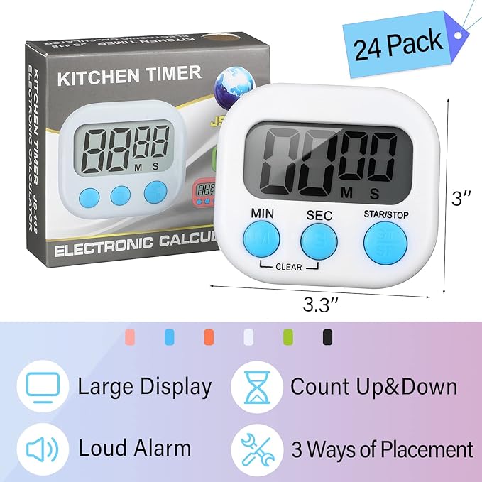 Weewooday 24 Pieces Digital Kitchen Timer Magnetic Timers for Classroom ON/Off Switch Minute Second Count up Countdown Big LCD Display Loud Alarm for Exercise Cook Baking Teacher Kid (Assorted Color)