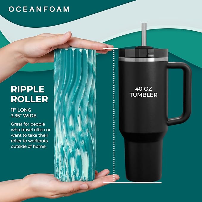 Oceanfoam Ripple Travel Foam Roller (11" x 3.35") Firm Mini Foam Roller for Physical Therapy, Deep Tissue Massage, Back Pain - High Density, Wave Textured - Yoga, Exercise (Jade & Seafoam Marbled)