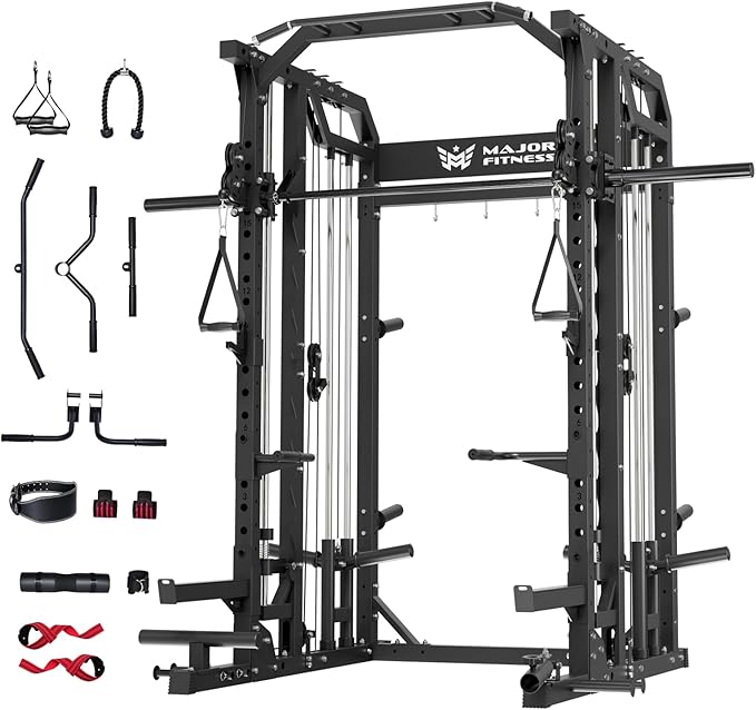 Major Fitness Drone2 Smith△ Machine – All-in-One Home Gym Squat Rack with Weight Bar, Dual LAT Pull-Down Systems & Cable Crossover Machine for Full-Body Workouts