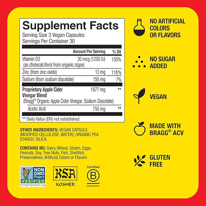 Bragg Apple Cider Vinegar Capsules with Vitamin D and Zinc - (2 Pack) 90 Capsules - Supports The Immune System