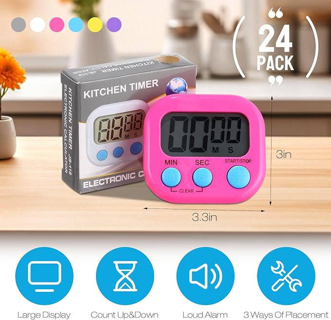Weewooday 24 Pcs Digital Kitchen Timer Magnetic Timer Bulk On/Off Switch Minute Second Count up Countdown Loud Alarm for Exercise Cook Baking(Novel Color)