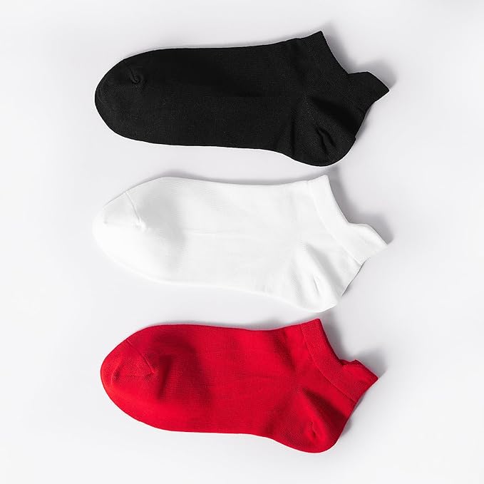 Men's Red Socks Ankle Socks Comfortable White/Black Casual With Heel Tab,Chinese New Year Socks, Size 6-10 (6 pairs)