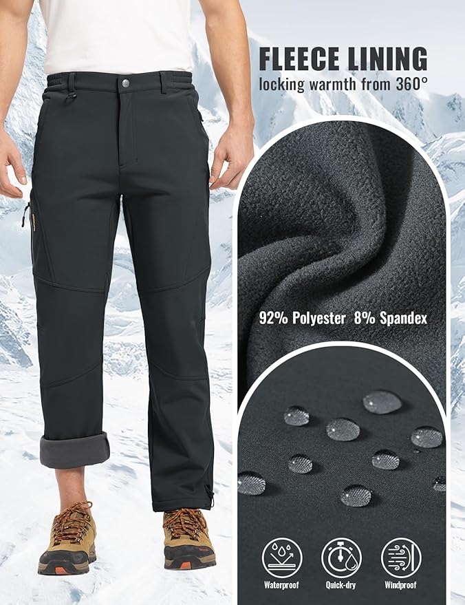 Rdruko Men's Snow Pants Waterproof Insulated Winter Hiking Pants Snowboard Fleece Lined Softshell Ski Pants