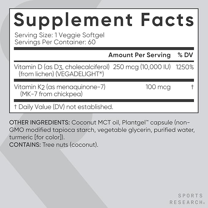 Sports Research® Vegan D3 10,000iu with Vitamin K2 100mg - Formulated with Coconut MCT Oil - Vegan Certified, Soy & Gluten Free - 60 Softgels
