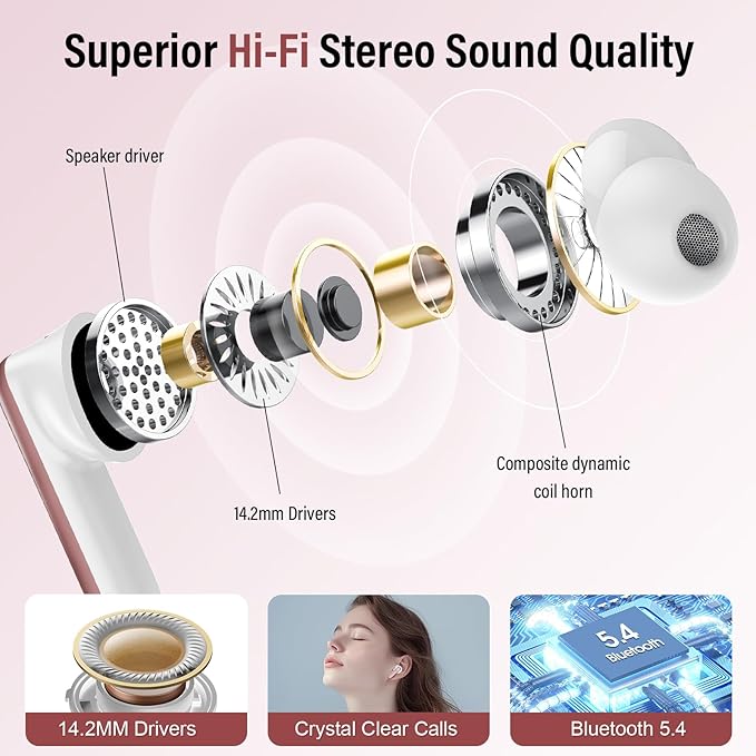 Wireless Earbuds, Bluetooth 5.4 Headphones with Multifunctional Touch Screen, 48H Bass Stereo Ear Buds with ANC/ENC Noise Cancelling/Transparency Mode, IPX7 Earphones with 5 EQ Modes, Rose