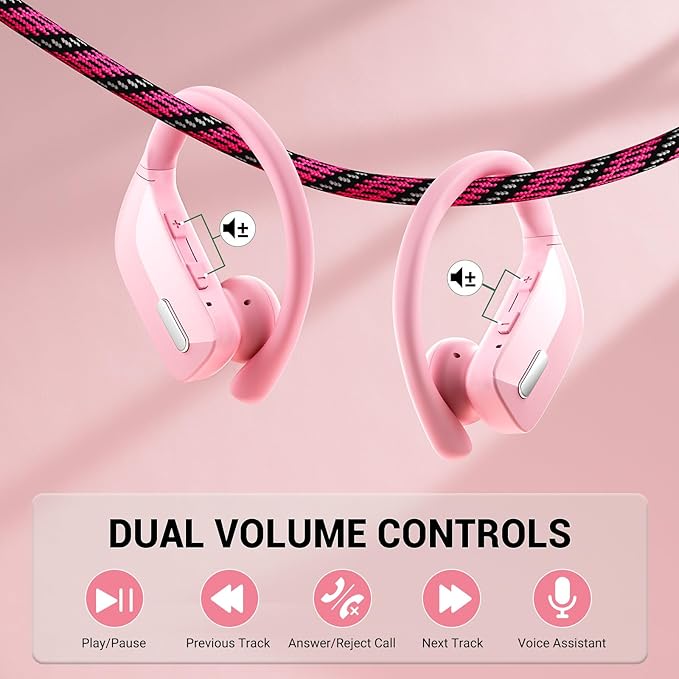 Wireless Sport Earbuds Bluetooth Headphones with Mic 80H Playtime IPX5 Waterproof Ear Buds Deep Bass Earphones Over Ear Headset for Running Gym Workout - Pink