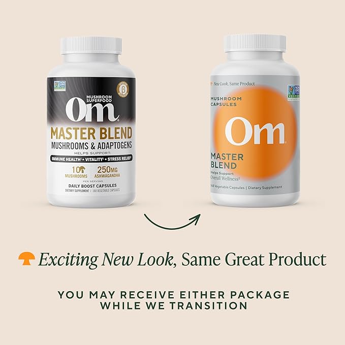 Om Master Blend Mushroom Capsules - Organic Mushroom Supplement with 10 Mushrooms and Ashwagandha – Support Immunity, Gut Health & Stress Relief, 168 Count (56 Servings)