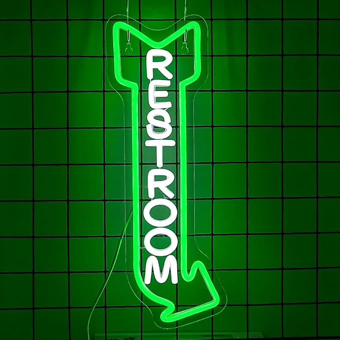 Restroom Neon Sign for Wall Decor Toilet Neon Light Arrow Led Neon Signs White Green LED Neon Lights Bathroom Led Sign for Restroom Hotel Bar(Right Arrow)