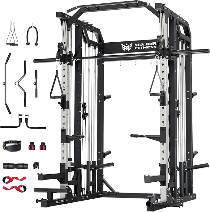 Major Fitness Drone2 Smith△ Machine – All-in-One Home Gym Squat Rack with Weight Bar, Dual LAT Pull-Down Systems & Cable Crossover Machine for Full-Body Workouts