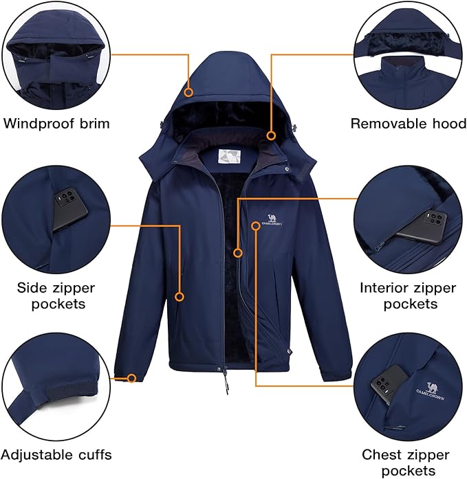 CAMEL CROWN Men's Winter Coat Waterproof Ski Jacket Fleece Lined Windproof Raincoat for Snow Outdoor Hiking Mountain
