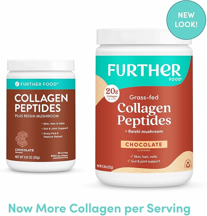 Further Food Chocolate Collagen Peptides Powder, Grass-Fed Pasture-Raised Hydrolyzed Type 1 & 3 Protein, Gut Health + Joint, Hair, Skin, Nails, Paleo Keto Sugar-Free 11.36 oz