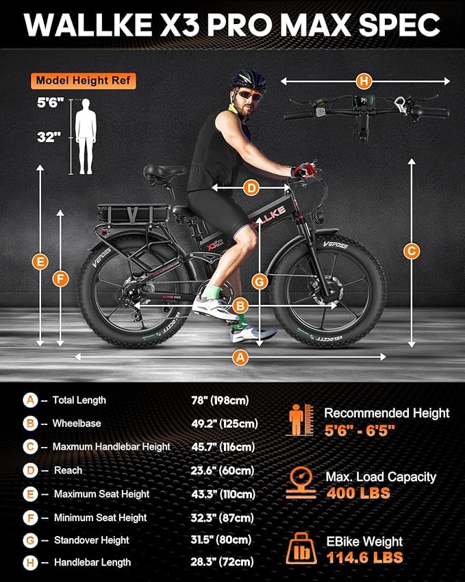 W Wallke 2025 X3 ProMax MAX Folding Dual Motor Electric Bike, 48V 44Ah/22Ah Long Range Adults Ebike, 26" Fat Tire All Terrian Full Suspension 31-34 MPH Fast E-Bike, 7-Speed Mountain e Bicycle, UL2849