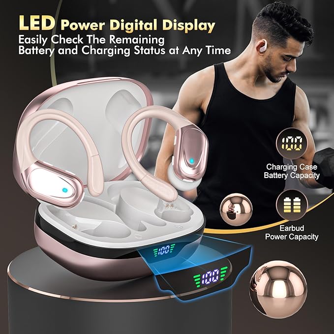 Wireless Earbuds, Sports Bluetooth Headphones, 80Hrs Playtime Ear Buds with LED Power Display, Noise Canceling Headset, IPX7 Waterproof Earphones for Workout/Running (Rose Gold)