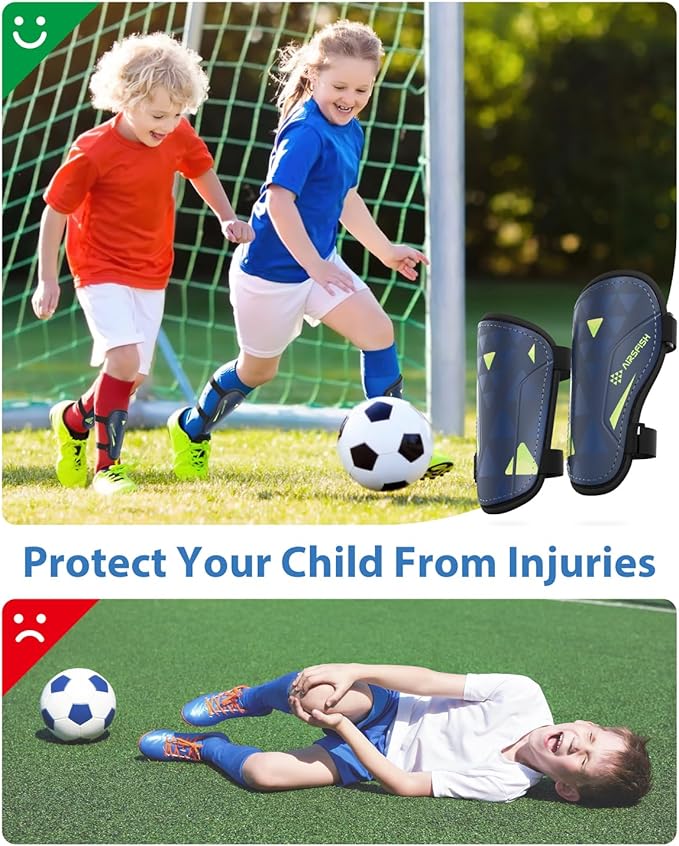 Shin Guards Soccer Kids Youth, CE Certified Airsfish Shin Guard Protection Gear for 2-18 Years Old Boys Girls Teenagers High Impact Resistant Breathable Comfortable 1 Pair 4 Sizes