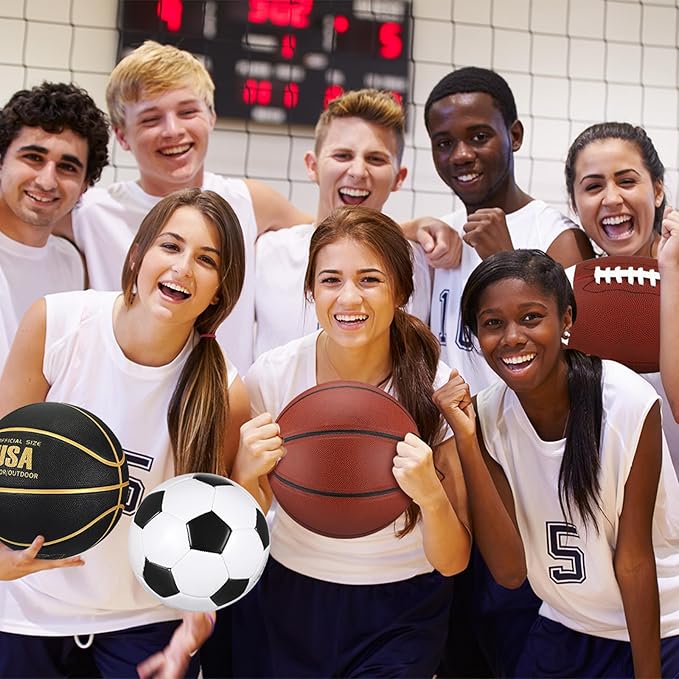 Sratte 6 Pcs Sports Balls Set for Kids Teens Adults Official Size Football Soccer Basketball with Pump Sports Equipment Bag for Youth Training Practice Gift Back to School