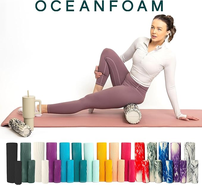 Oceanfoam Ripple Travel Foam Roller (11" x 3.35") Firm Mini Foam Roller for Physical Therapy, Deep Tissue Massage, Back Pain - High Density, Ergonomic Wave Textured - Yoga, Exercise (Black Marbled)