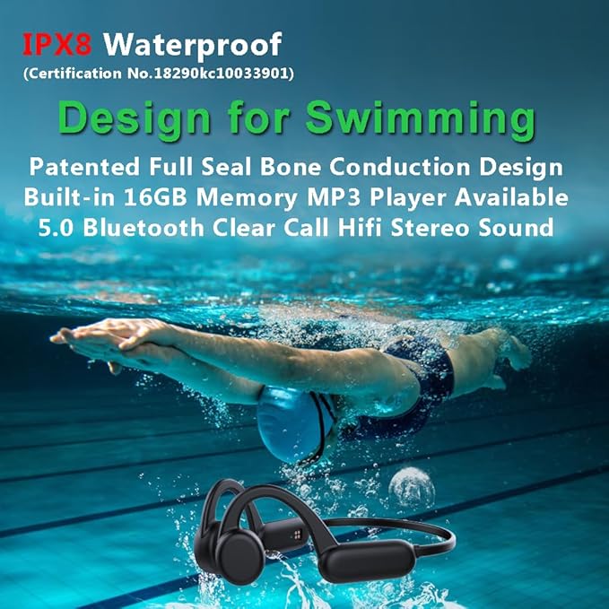 IHAO Swimming Headphones True Bone Conduction Open Ear Headset MP3 Player Built-in 32G Memory IP68 Underwater Waterproof Stereo Bluetooth Earphone for Driving Bicycling Running Skiing-X18 Black