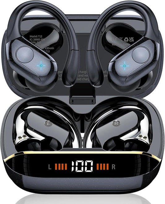 Wireless Earbuds Bluetooth 5.4 Headphones Sports, 75H Stereo Deep Bass Over Ear Buds with Earhooks, Bluetooth Earbuds with 4 ENC Mic, LED Display, IP7 Waterproof Earphone for Running, Black