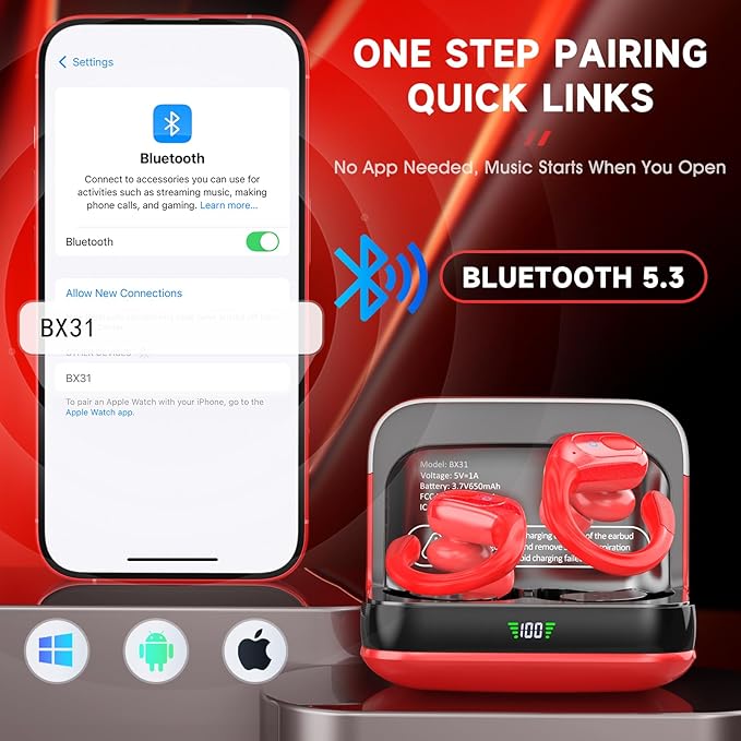 Wireless Earbuds Bluetooth 5.4 Headphones, Noise Canceling Ear Buds with 75hr Playtime, LED Power Display, IPX7 Waterproof Earphones Over-Ear Earphones for Sports/Workouts - Red