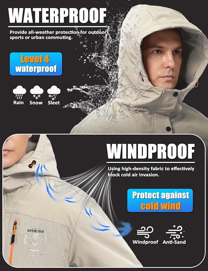 Men's Winter Jacket Waterproof Ski Snow Coat Windproof Snowboard Hooded Raincoats with Warm Graphene lining