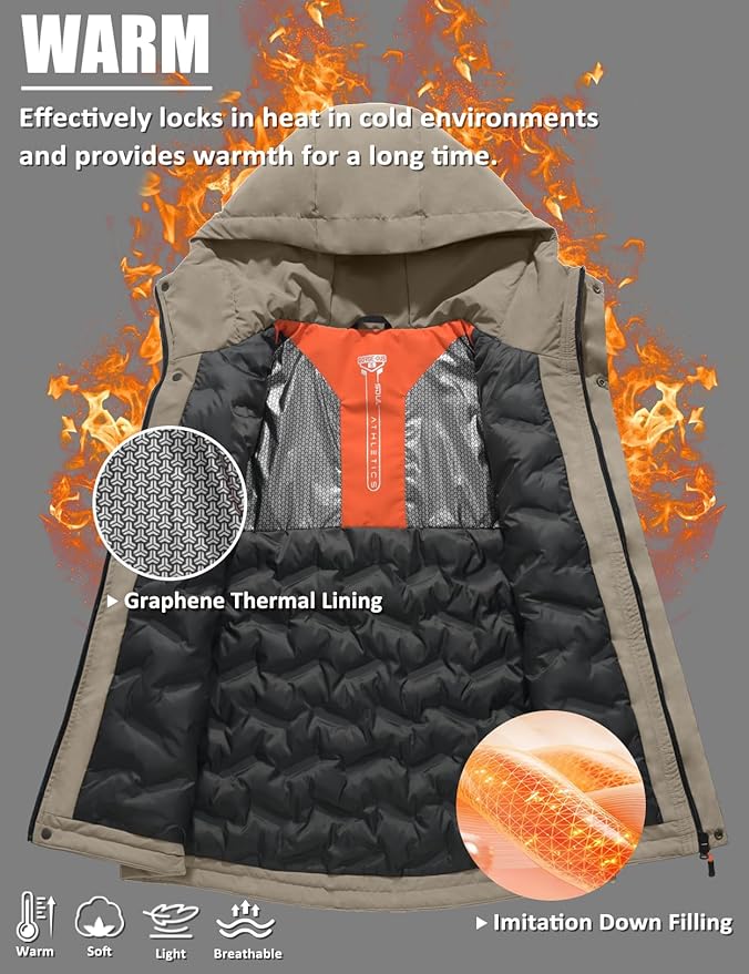 Men's Winter Jacket Waterproof Ski Snow Coat Windproof Snowboard Hooded Raincoats with Warm Graphene lining