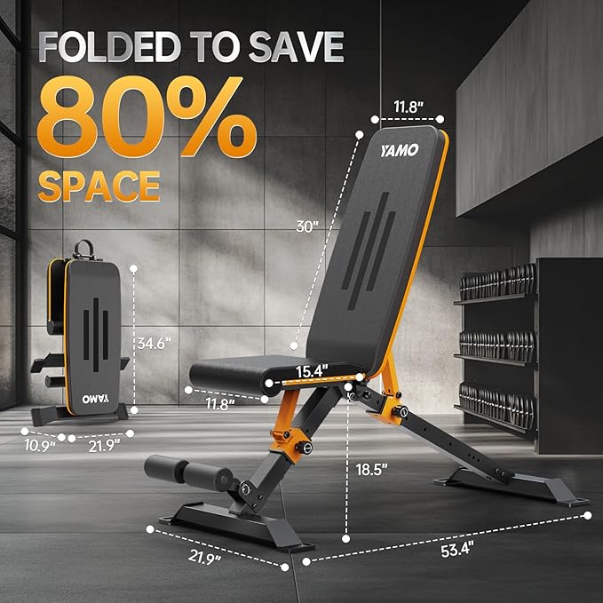 YAMO Adjustable Foldable Weight Bench for Home Gym, Full Body Workout Bench with Fast Folding, 660lbs Weight Capacity, Incline Decline Flat Exercise Bench